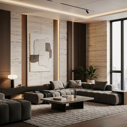 סלון מעוצב עם חיפוי קיר פולימרי בגוונים טבעיים - פאנלים דקורטיביים לעיצוב פנים מודרני | LORA חיפוי קיר